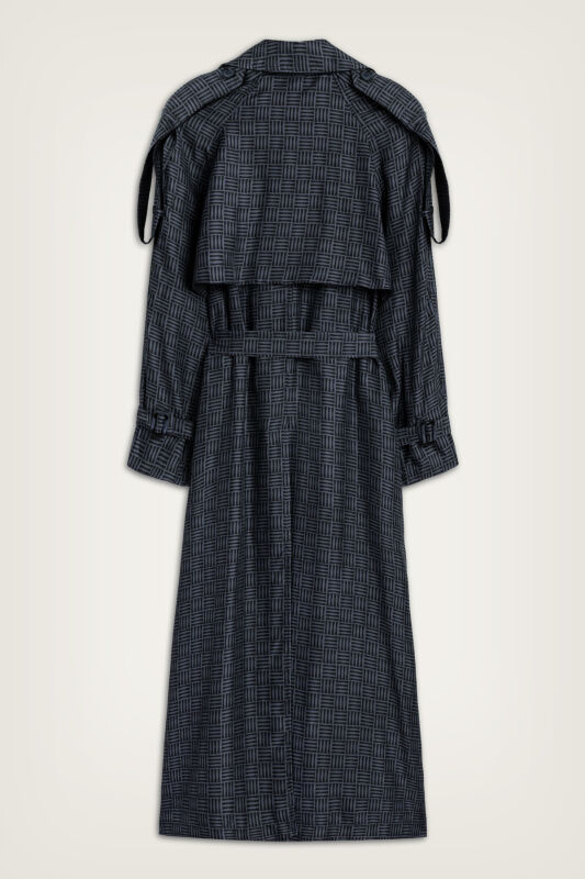 Iman Square Textured Navy Blue Silk Trench Coat - 2