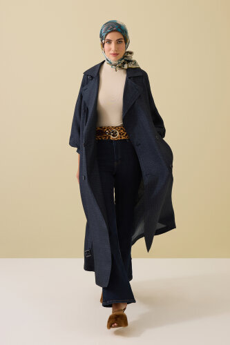Iman Square Textured Navy Blue Silk Trench Coat - Imannoor (3)