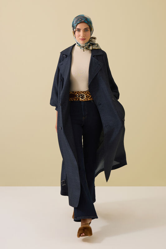 Iman Square Textured Navy Blue Silk Trench Coat - 3