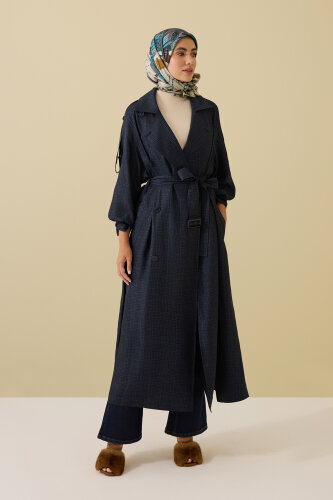Iman Square Textured Navy Blue Silk Trench Coat 
