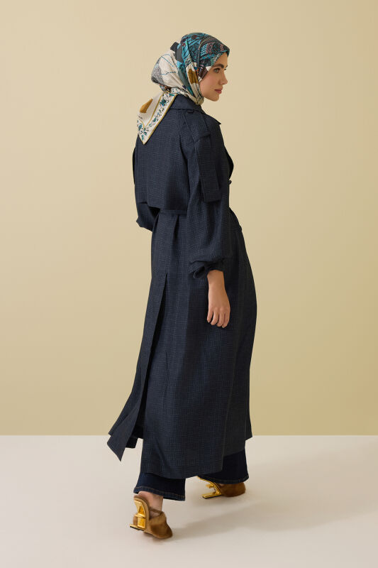Iman Square Textured Navy Blue Silk Trench Coat - 5