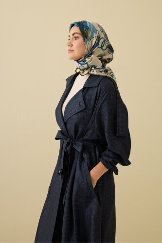 Iman Square Textured Navy Blue Silk Trench Coat - 7