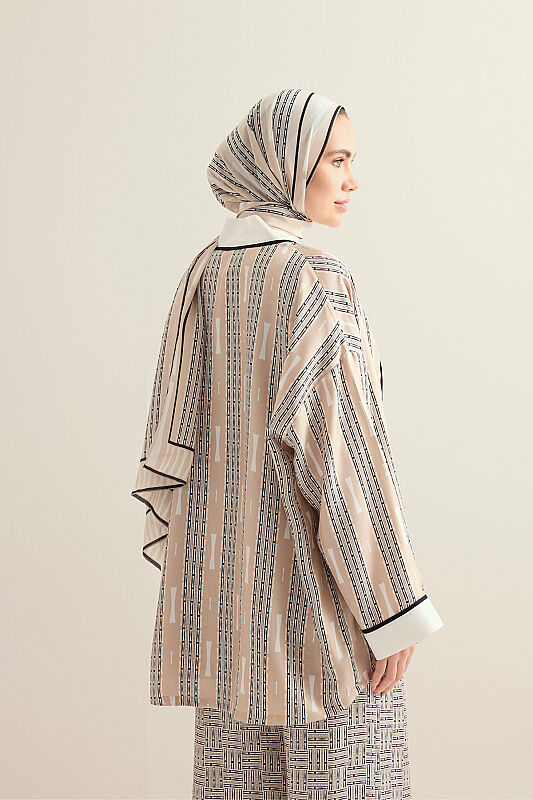 İman Yolu Bej Tivil İpek Kısa Kimono - 3