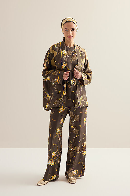 İman'ın Gülü Kahverengi Tivil İpek Kimono - 3