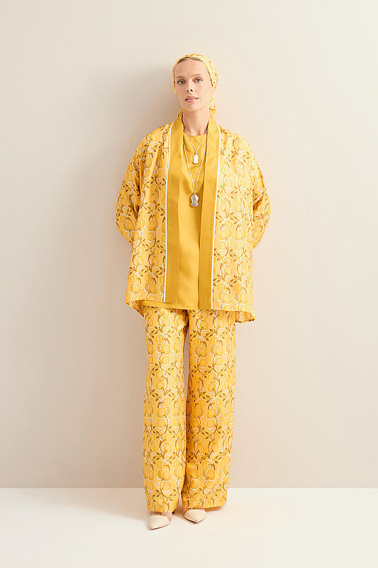 İmannoor Çiçeği Sarı Tivil İpek Kısa Kimono - 1
