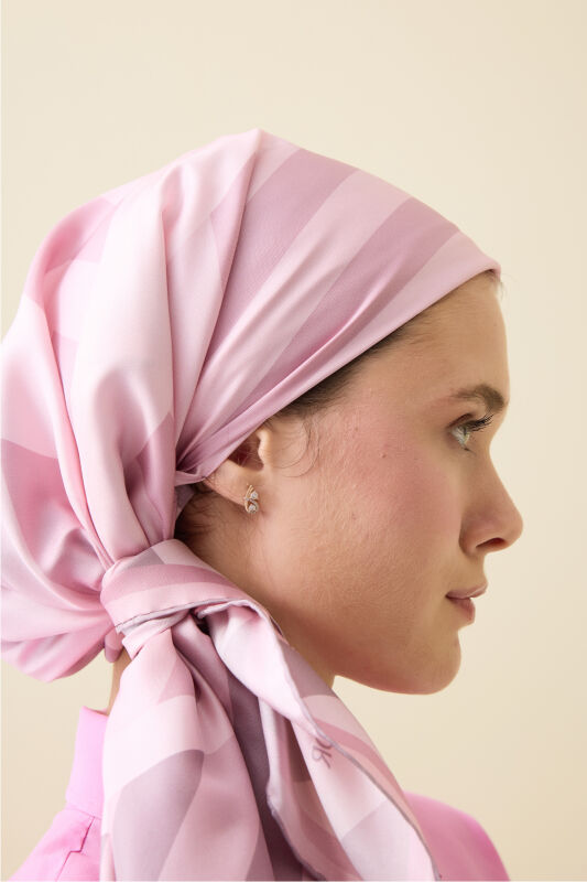 Çizgi Noor Pembe Tivil İpek Eşarp 90x90 - 5