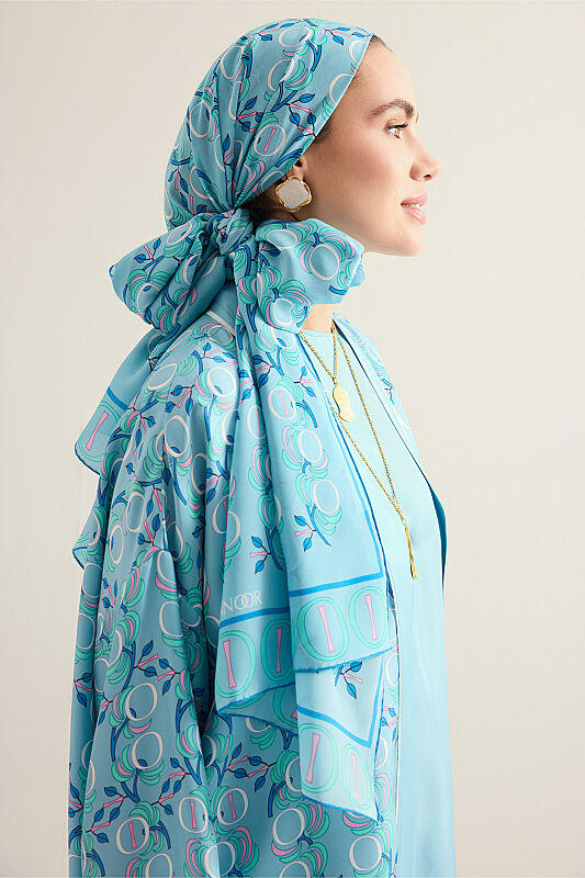 Imannoor Flower Blue Crepe Silk Scarf - 3