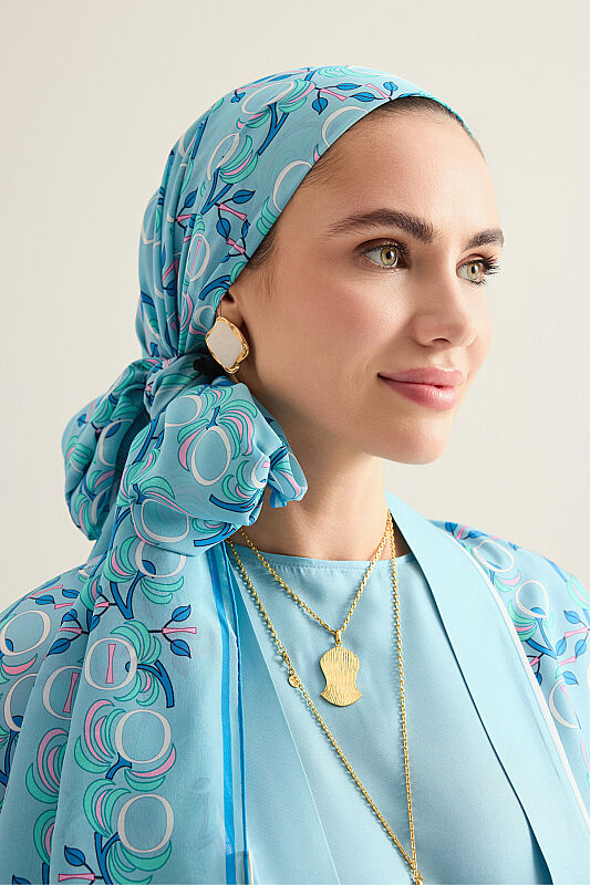 Imannoor Flower Blue Crepe Silk Scarf - 5