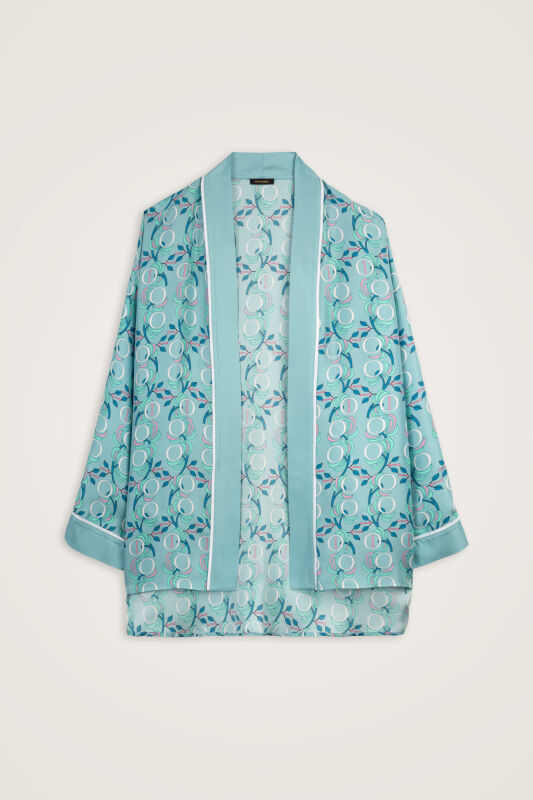 Imannoor Flower Blue Twill Silk Short Kimono - 1