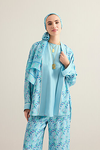 Imannoor Flower Blue Twill Silk Short Kimono - 3