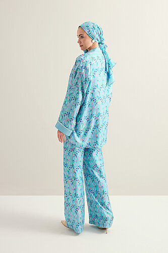 Imannoor Flower Blue Twill Silk Trousers - 3