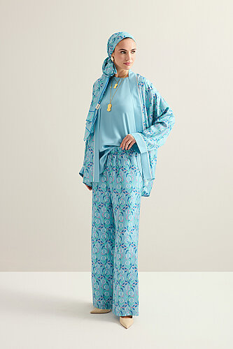 Imannoor Flower Blue Twill Silk Trousers 