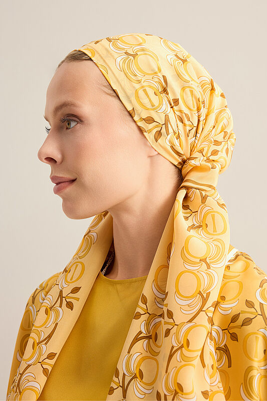 Imannoor Flower Yellow Crepe Silk Scarf - 6