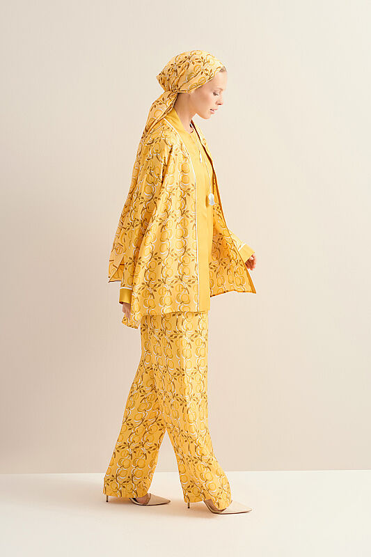 Imannoor Flower Yellow Twill Silk Short Kimono - 5