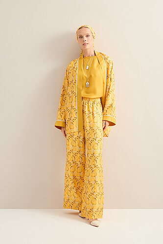 Imannoor Flower Yellow Twill Silk Trousers - 1