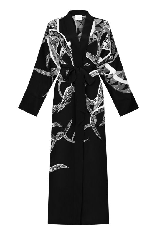 İmannoor x Rawdah Ahtapot Siyah-Beyaz İpek Kimono - 1