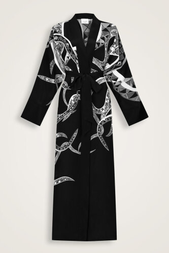 İmannoor x Rawdah Ahtapot Siyah-Beyaz İpek Kimono 