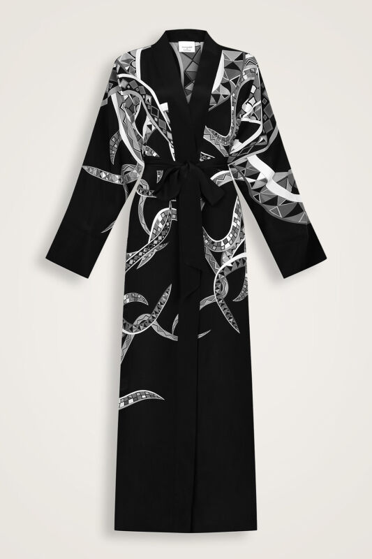 İmannoor x Rawdah Ahtapot Siyah-Beyaz İpek Kimono - 1