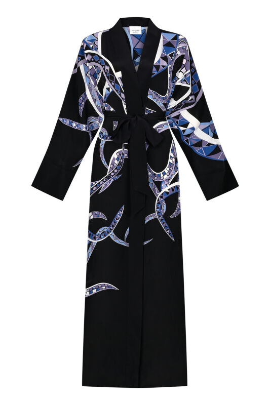 İmannoor x Rawdah Ahtapot Siyah-Saks Mavi İpek Kimono - 1