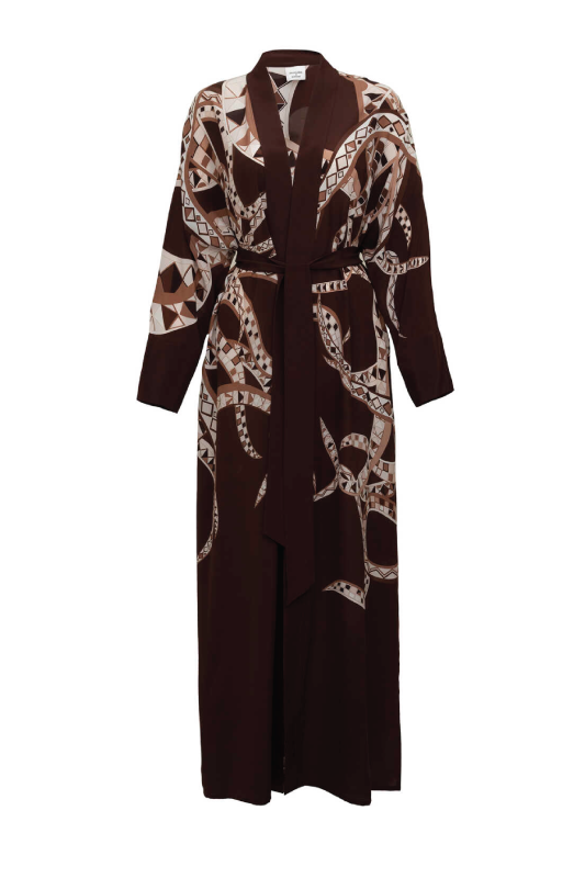 İmannoor x Rawdah Ahtapot Kahverengi Krep İpek Kimono - 1