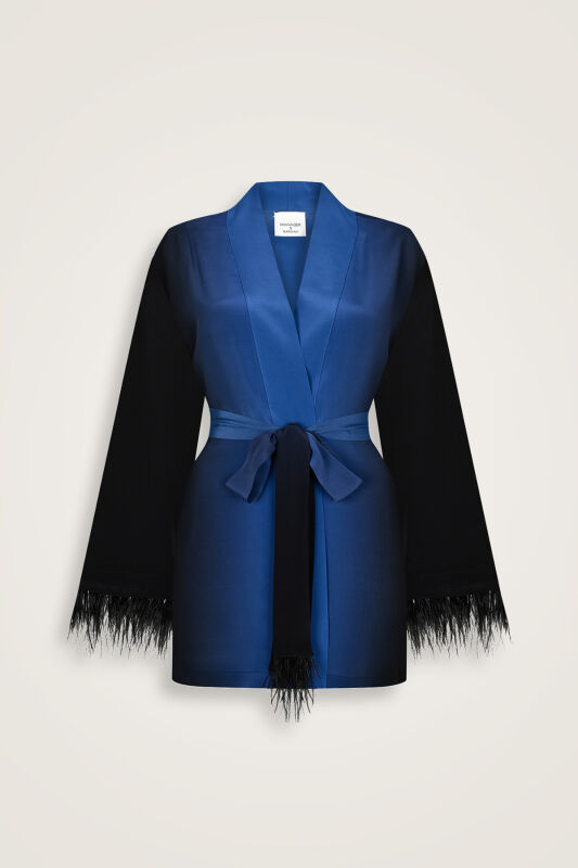 İmannoor x Rawdah Degrade Otrişli Siyah-Saks İpek Kısa Kimono - 1