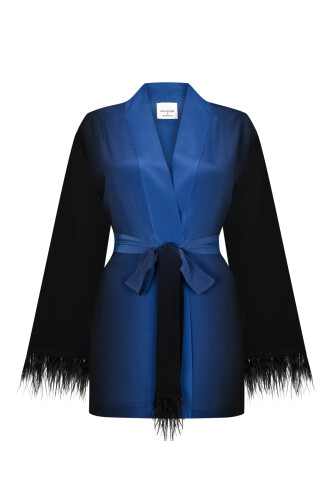 İmannoor x Rawdah Gradient Feathered Black-Saxe Blue Silk Short Kimono 