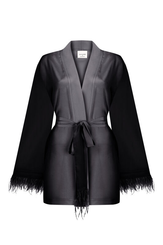 İmannoor x Rawdah Gradient Feathered Black-White Silk Short Kimono - 1