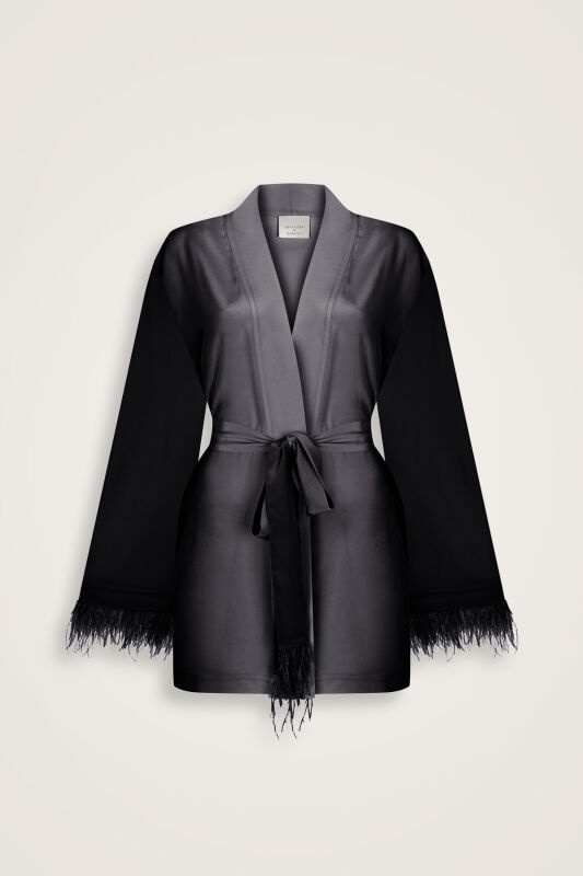 İmannoor x Rawdah Gradient Feathered Black-White Silk Short Kimono - 1