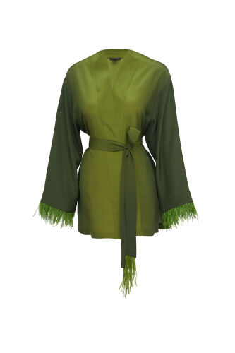 İmannoor x Rawdah Gradient Feathered Green Silk Short Kimono 