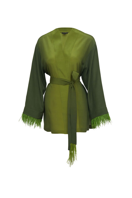İmannoor x Rawdah Gradient Feathered Green Silk Short Kimono - 1