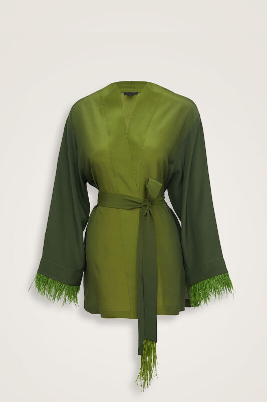 İmannoor x Rawdah Gradient Feathered Green Silk Short Kimono - 1