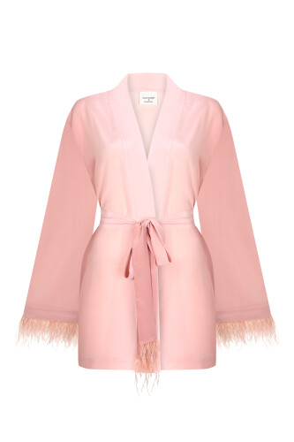 İmannoor x Rawdah Gradient Feathered Pink Silk Short Kimono - 1