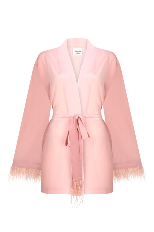 İmannoor x Rawdah Gradient Feathered Pink Silk Short Kimono - 1