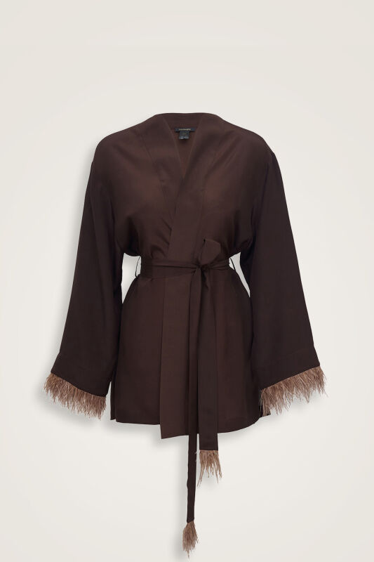 İmannoor x Rawdah Gradient Feathered Brown Silk Short Kimono - 1