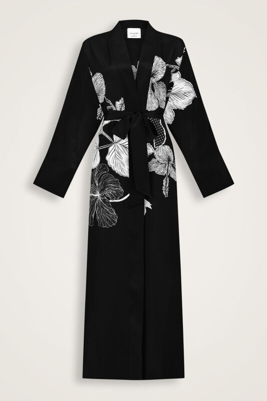 Imannoor x Rawdah Mecca Rose Black and White Crepe Silk Kimono - 1