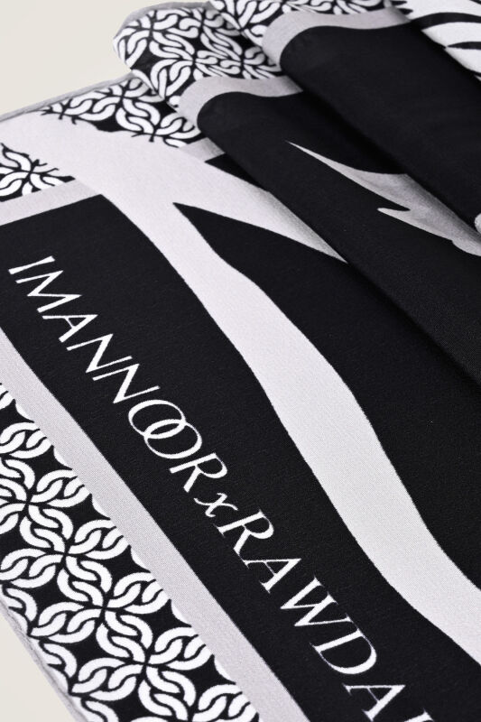 Imannoor x Rawdah Mecca Rose Black and White Silk Large Scarf 110x110 - 2
