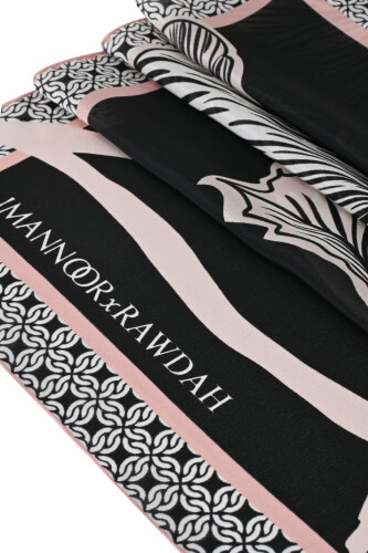 Imannoor x Rawdah Mecca Rose Black-Pink Silk Large Scarf 110x110 - 2