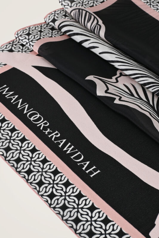 Imannoor x Rawdah Mecca Rose Black-Pink Silk Large Scarf 110x110 - 2