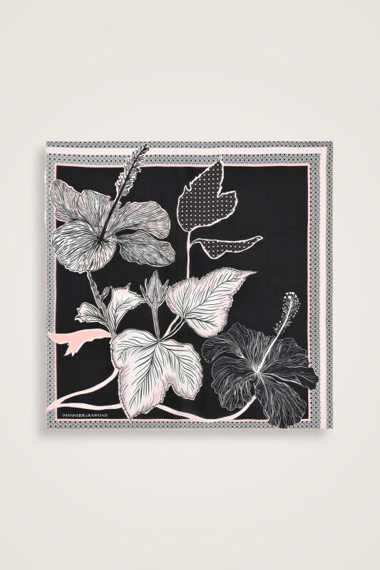 Imannoor x Rawdah Mecca Rose Black-Pink Silk Large Scarf 110x110 - 1