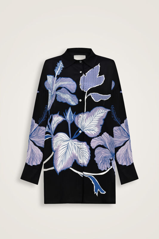 Imannoor x Rawdah Mecca Rose Black-Saxe Blue Silk Shirt - 1