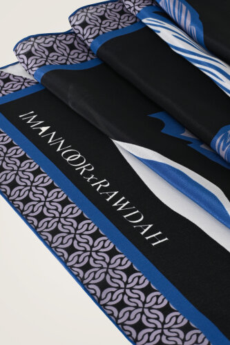 Imannoor x Rawdah Mecca Rose Blue-Black Silk Large Scarf 110x110 - 2