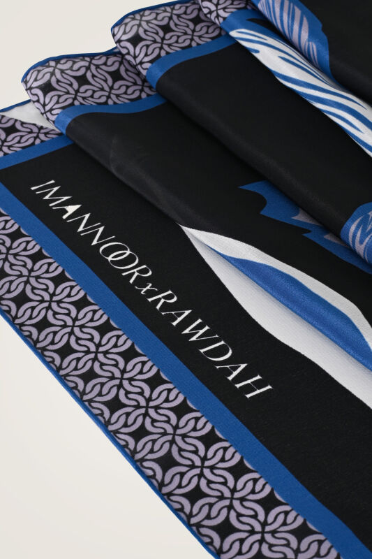 Imannoor x Rawdah Mecca Rose Blue-Black Silk Large Scarf 110x110 - 2