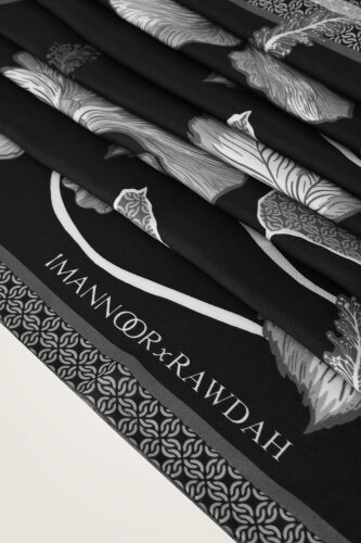 İmannoor x Rawdah Mekke Gülü Siyah-Beyaz Floş Viskon Şal 70x210 - 2