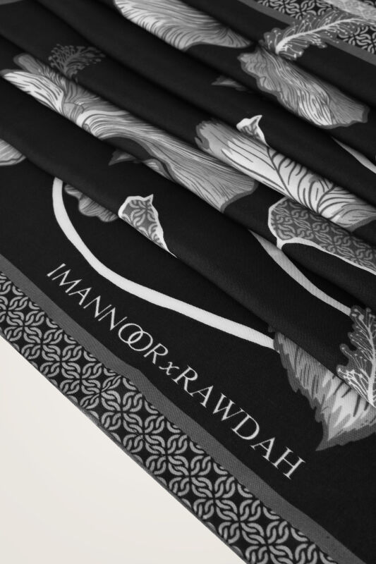 İmannoor x Rawdah Mekke Gülü Siyah-Beyaz Floş Viskon Şal 70x210 - 2