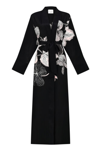 İmannoor x Rawdah Mekke Gülü Siyah-Pembe Krep İpek Kimono 