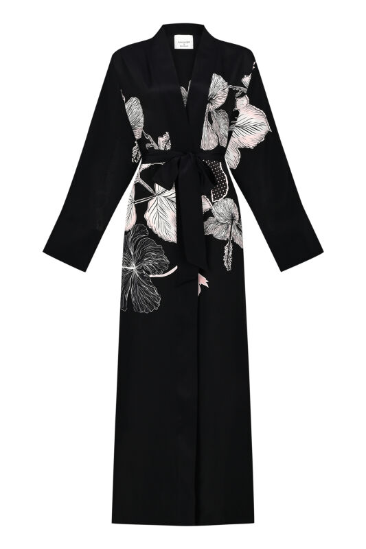 İmannoor x Rawdah Mekke Gülü Siyah-Pembe Krep İpek Kimono - 1
