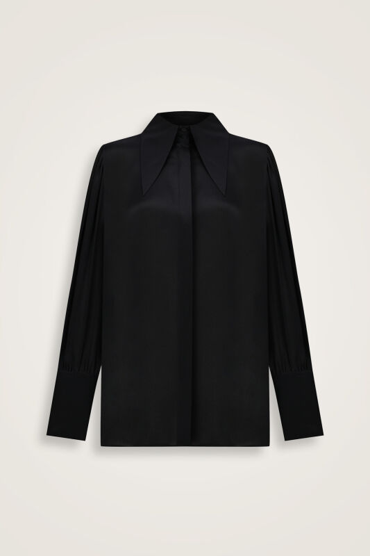 Imannoor x Rawdah Pointed Collar Black Silk Shirt - 1