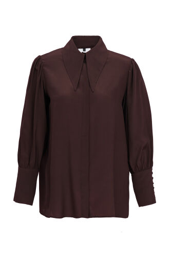 Imannoor x Rawdah Pointed Collar Coffee Crepe Silk Shirt 