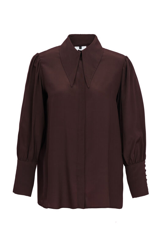 Imannoor x Rawdah Pointed Collar Coffee Crepe Silk Shirt - 1