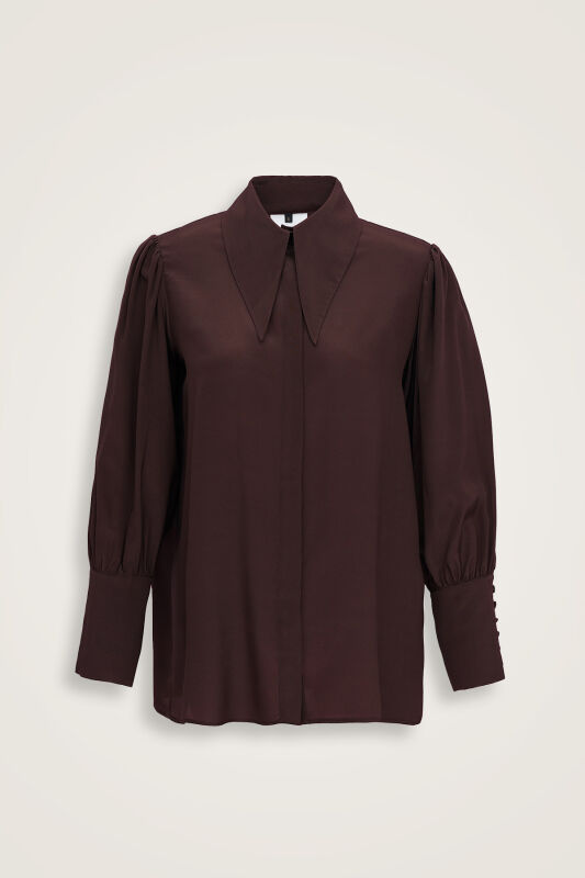 Imannoor x Rawdah Pointed Collar Coffee Crepe Silk Shirt - 1